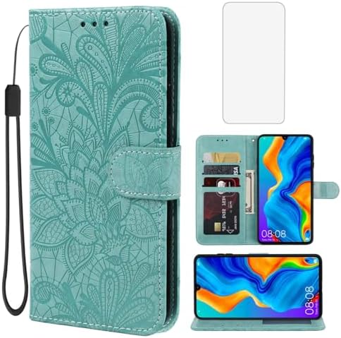Case for Huawei P30 Lite CaseNova 4EHonor 20S MAR-LX1M Wallet Case with Tempered Glass Screen Protector, Lace Flower PU Leather Flip Credit Card Holder Phone Cover for Huawei P30 Lite Green