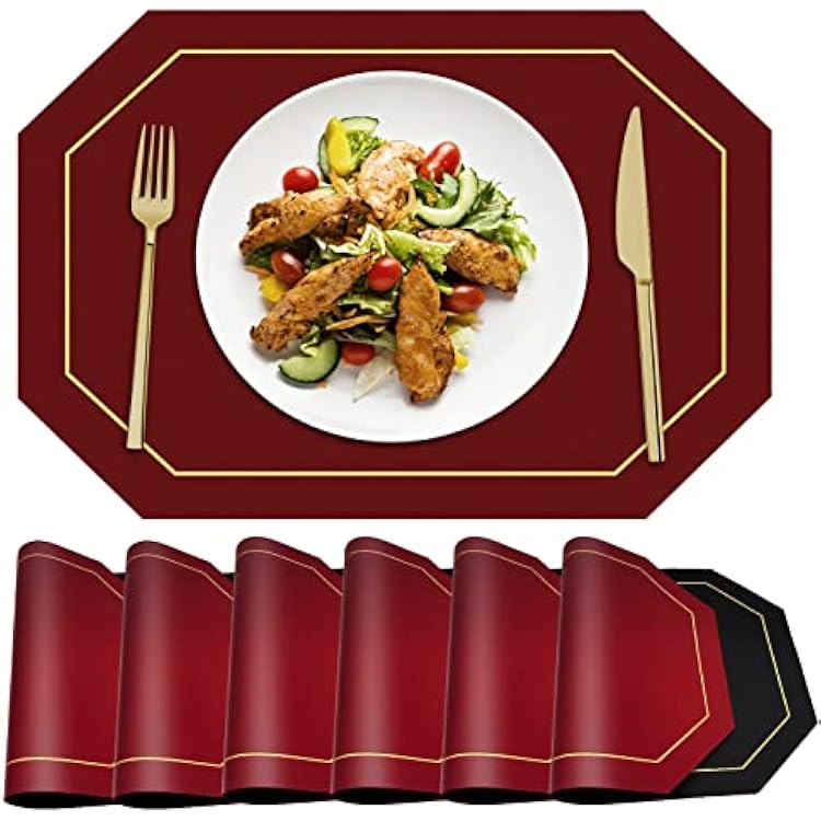 Reversible Placemats Set of 6, Faux Leather Heat Resistant Placemats Washable Table Mats Wipeable Place Mats for Dining Table Wedding Coffee Shop Decoration