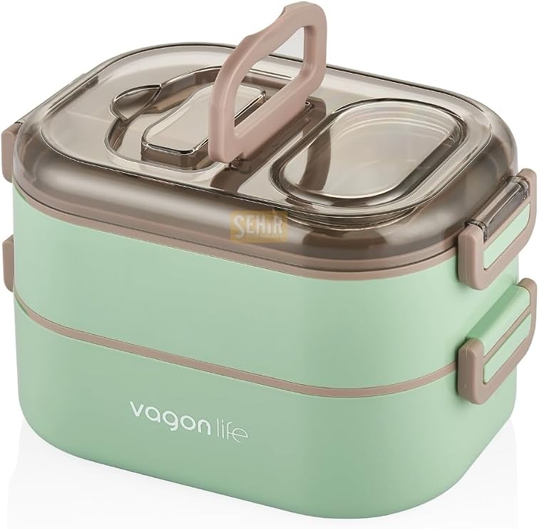 Vagonlife Bento 1000ml Lunchbox Çift Katlı 3 Bölmeli Çelik Sefer Tası Yemek Kutusu (Yeşil)