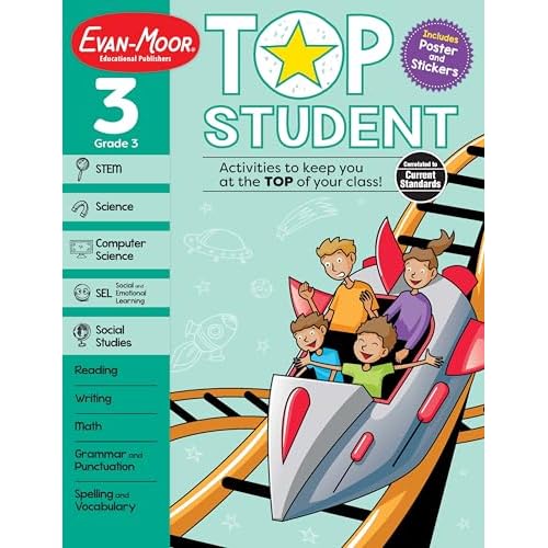 Evan-Moor Top Student Grade 3 Full-color Workbook, Reward Stickers, STEM, Reading, Writing, Science, SEL, Social Studies, Audio Support Paperback Student Edition, January 1, 2020