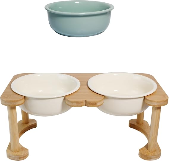 Elevated Ceramic Double Dog Bowl Set(White Cream)& Single Replacement Dog Bowl(Light Green)