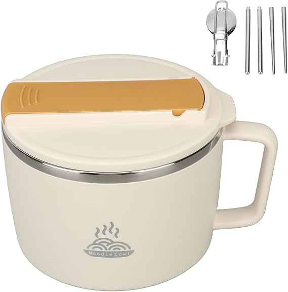 TITA-DONG 1200ml 304 Stainless Steel Noodle Cooker Set, Ramen Cooker with Chopsticks and Spork, Portable Soup Bowl, Microwave Safe, White