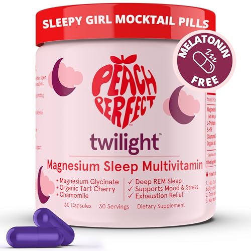 Peach Perfect Twilight Magnesium Glycinate Sleep Multivitamin Magnesium Supplement with Organic Tart Cherry, Chamomile, 5-HTP, L-Tryptophan, Natural Sleepy Girl Mocktail, 60 Capsules, 30 Servings