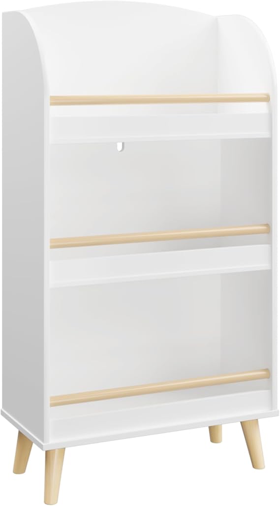 Three-Layer Wooden Bookshelf, Freestanding Book Storage Rack with Pine Wood Legs, White Storage Cabinet for Bedroom and Living Room