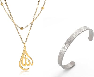 UNIFT Islamic Muslim Ayatul Kursi Jewelry For Women Stainless Steel Charm Water Drop Heart Shape Allah Pendant Double Layer Necklace Islamic Jewelry
