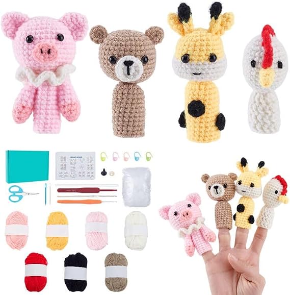 ORIGACH 8 Set Animal Finger Puppets Crochet Kit for Beginner Adults, Cute Pig Bear Chick Elk Crochet Kit with Step by Step Video Tutorial, Instruction, Yarn, Hook, Accessories