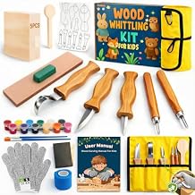 Wood Carving Whittling Kit for Kids: Wood Carving Tool Set with Round-Tip Safety Carving Knives, Cut-Resistant Gloves & Tape, Storege Bag - Hobby Gift for Teens Boys Beginners
