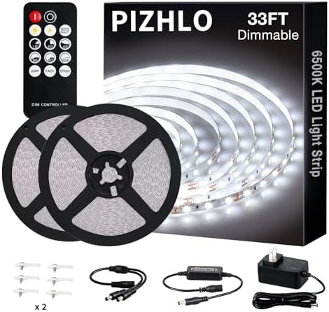 White LED Strip Lights, Upgraded 33ft Dimmable Light Strip with Remote 6500K Bright White Light, 600 LEDs Flexible Lights with Strong Adhesive for Bedroom, Mirror, Kitchen Under Cabinet Decor