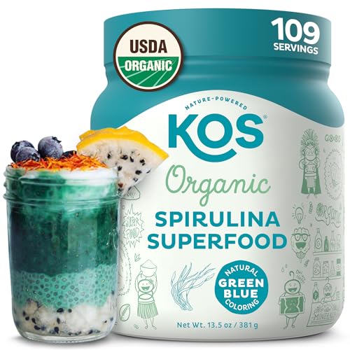 KOS Organic Spirulina Powder - USDA Certified Organic, 109 Servings of Superfood Powder for Smoothies & Juices, Non-Irradiated Blue Green Algae, Plant Based with Antioxidants, Vegan 13.5oz