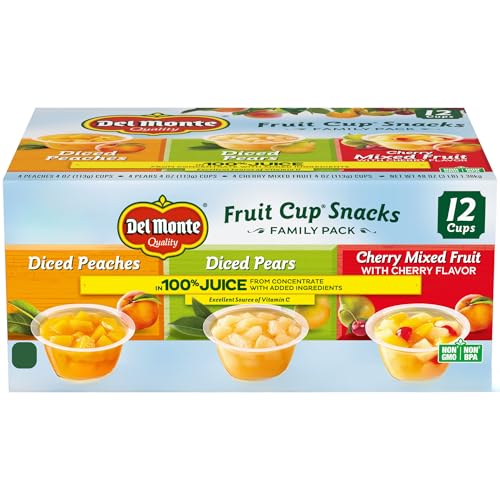 Del Monte Fruit Cup Snacks Variety Pack in 100% Juice, 4 oz Cups 12 Pack Diced Peaches, Diced Pears, Cherry Mixed Fruit