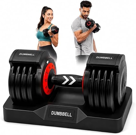 Single Adjustable Dumbbell Premium Quick-Change Weight Set with Base, Space-Saving Smart Dial System for Home Gym, Full Body Strength Training for Men & Women