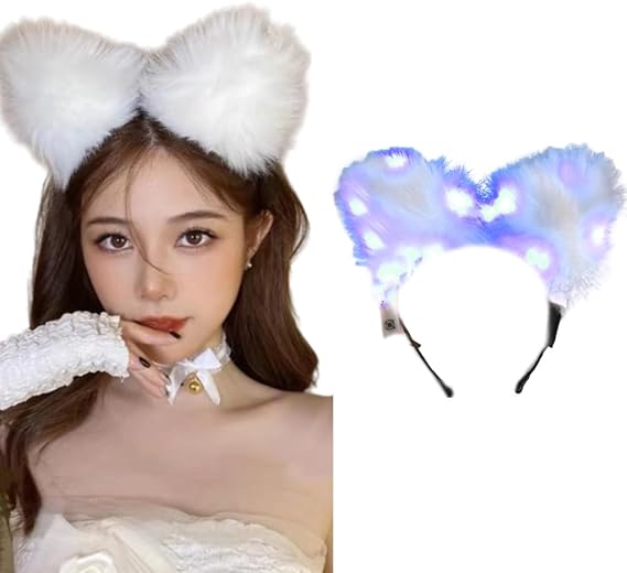 Light Up Headbands LED Cat Ears Headband Faux Fur Hair Hoop For Halloween Cosplay Costume Christmas Party