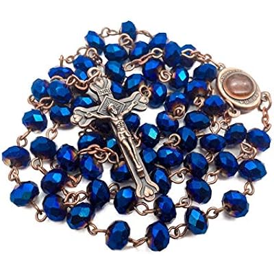 Nazareth Store Deep Blue Crystal Beads Rosary Necklace Catholic Prayer Jerusalem Holy Soil Medal Cross Antique Religious Rosaries Beads Collection