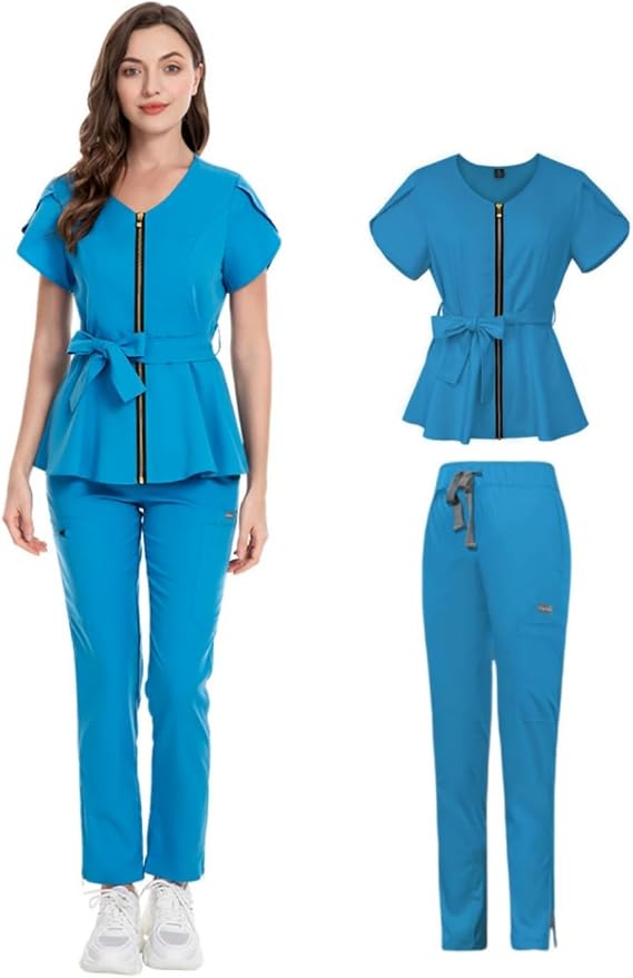 Scrubs Set,Nurse Uniform,Uniforms Women's Essential,Women's Medical Suit with Zipper,V-Neck Healthcare Scrub