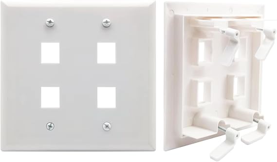 DIYTECH Keystone Wall Plate, Built-In Mounting Bracket, 2 Gang, Supports Jack or Modular Inserts, In Wall Patch Panel - White (4 Port)