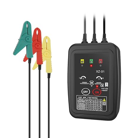 Phase Rotation Meter Non-contact 3 Phase Rotation Meter AC 70~600V Phase Sequence Rotation Tester High Magnetic Induction Motor Rotation Meter Auto Power Off Phase Meter with LED,20"Clamp Lead,Handbag