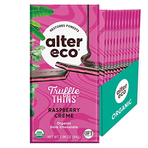Alter Eco Raspberry Creme Truffle Thins, Chocolate Bar with Gooey Ganache Truffle Filling, Organic, Gluten & Soy-Free, Non-GMO Snacks, No Additives, Recyclable Packaging, Fair Trade 12-Pack Raspberry Creme