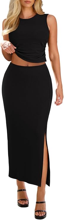 HUUSA Womens Two Piece Outfits Summer Bodycon Sleeveless Crewneck Crop Tank Tops Ribbed Split Long Skirt Dress Set