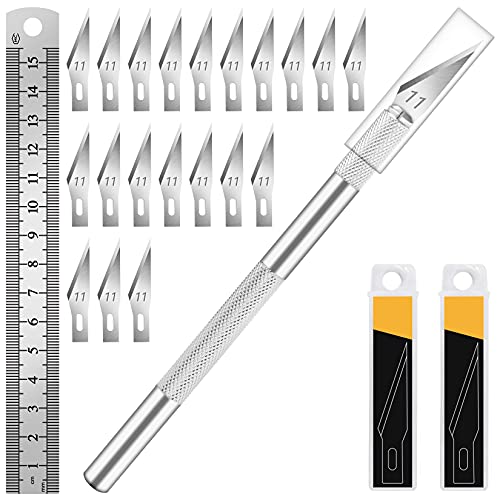 DIYSELF Exacto Knife Set, Hobby Knife Kit with 20PCS #11 Blades, Precision Knives, Aluminum Handle, 6-Inch Steel Ruler, Craft Knife Set for Crafting, DIY, Art, Model MakingSilver