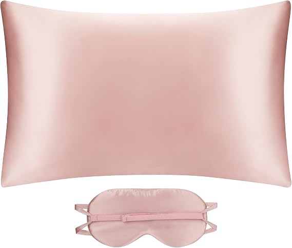 Silk Pillowcase Envelope Closure & Silk Eye Mask with Adjustable Strap Gift Set, Blush Pink Standard 20x26
