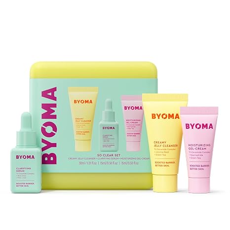 BYOMA So Clear Set - Barrier Repair Skincare Set for Acne Prone Skin - Creamy Jelly Cleanser Clarifying Face Serum & & Gel Cream Moisturiser - Unclogs Pores Targets Blemishes - 30 ml 15 ml 15 ml