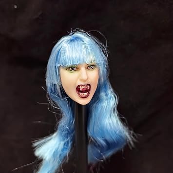 1/6 Scale Female Head Sculpt Vampire with Fangs Frightening Demoness Head Carved for 12inch Action Figure Body Doll, 1/6 Scale Heavy Makeup Female Ghost Head Sculpt Accessory (Blue Hair)