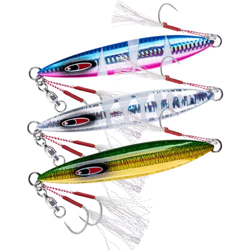 Goture Slow Pitch Jigs, Glow Flat Fall Jig Fishing Lure with Double Assist Hooks and Swivel, Fishing Jigs Saltwater 40g-250g Deep Sea Fishing Jigging Lures for Tuna,Dogtooth Tuna, Yellowtail,Kingfish