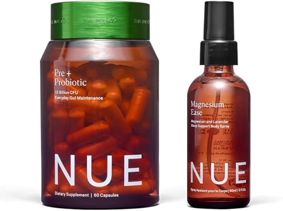 The Nue Co. Prebiotic+ Probiotic Supplement & Magnesium Ease Bundle - Supports Digestive Health, Gut Balance & Immunity - Relieves Muscle Tension & Promotes Relaxation | Capsules & Spray