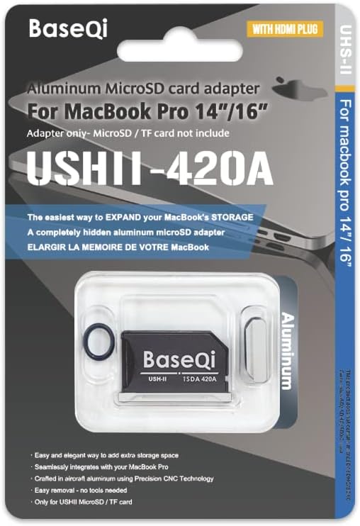 BASEQI UHS-II Aluminum microSD Adapter for 2021 M1 / 2022 M2 / 2023 M3 MacBook Pro 14 & 16 (Adapter with HDMI Dust Plug, Silver)