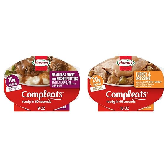 HORMEL COMPLEATS Meatloaf & Gravy With Mashed Potatoes, 9 oz. and HORMEL COMPLEATS Turkey & Dressing Microwave Tray, 10 oz. (6 Pack)