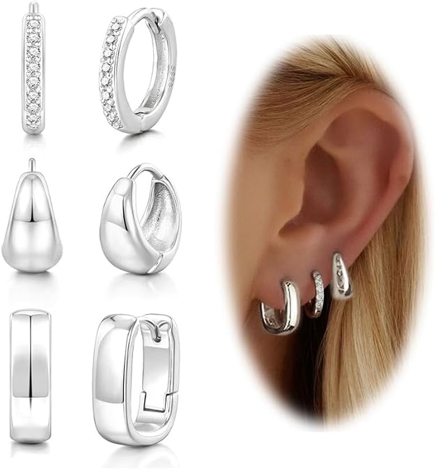 925 Sterling Silver Hoop Earrings for Women | Chunky Gold Hoops Earrings Hypoallergenic Small Huggie Earrings Set for Mulpitle Piercing Lightweight Square/Oval/Cubic Zirconia