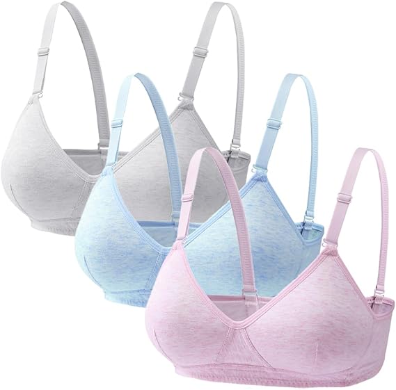 Young Girls Bras 3 Pieces Cotton Teenage Underwear Wireless Sports Bra with 3 Row Eye Buckles 12-18 Years Girls and Women Lingerie Bralettes