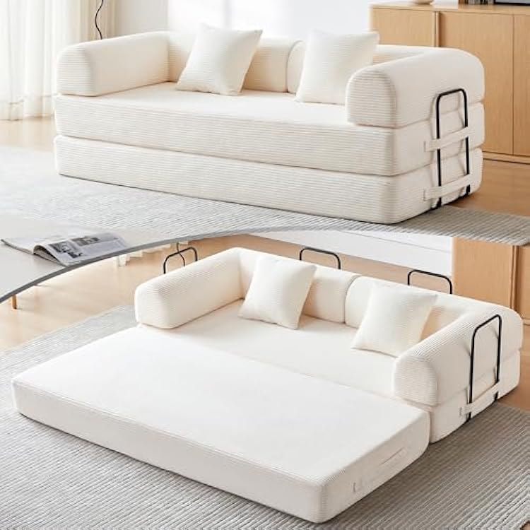 Convertible Folding Mattress Couch, 5-in-1 Futon Sofa with Armrests, Sleeper Mattress Sofa Bed Comfy Fold Out Bed for Living Room, Bedroom, Lounge,Guest, Office Beige White