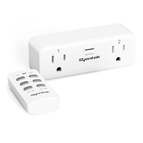 Syantek Remote Control Outlet with 2 Independent Control Sockets, Wireless Remote Light Switch Set, Remote Outlet Plug Up to 100 FT Range, 15A/1875W, White (1 Outlet + 1 Remote)