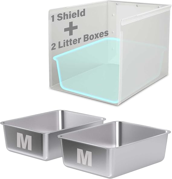 Medium Stainless Steel Litter Box 2 Pack and One Litter Box Pee Shield for Adult Cats Kitty