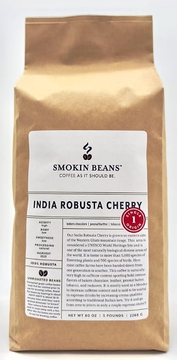5-Pound India Robusta, Unroasted Green Coffee Beans, Fresh Current Crop Specialty Grade, Roast the Beans Yourself at Home on Your Roasting Equipment Prior to Using for Brewing Coffee