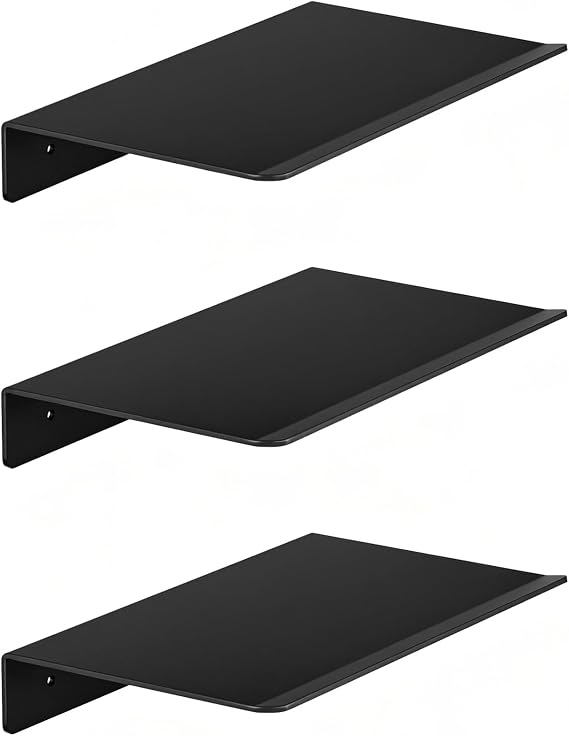 Metal Floating Wall Shelves - Small Wall Mounted Display Shelf for Collectibles, Mini Hanging Shelves Set for Bathroom, Bedroom, Kitchen & Living Room Decor (Black, 8 in-3 Pcs)