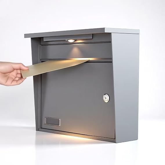 Solar Wall Mount Mailbox for Outside - Auto LED Light at Dusk, Large Locking Mail Box (13 x 3.7 x 12.2 Inches) with Key, Secure Metal Mailboxes for House Outside, Waterproof & Rust-Proof