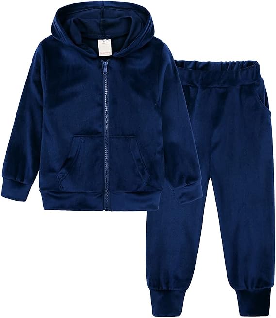 Unisex Kids Velvet Tracksuit Jogger Set Solid Velour Long Sleeve Zipper Hoody Tops + Sweatpants Outfits 2PCS