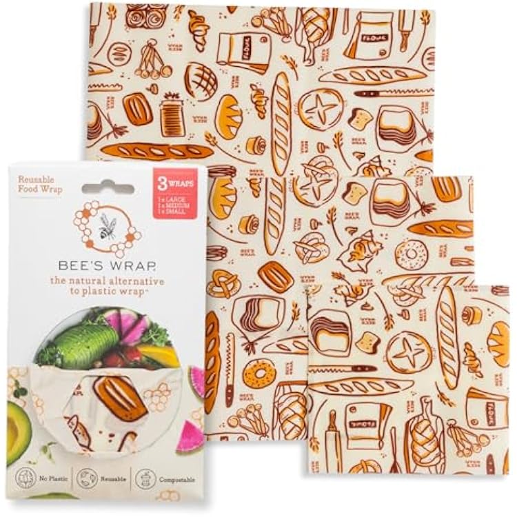 Bees Wrap Beeswax Wraps for Food - 3 Pack of Assorted Beeswax Wraps - Small, Medium & Large Wrap - Plastic Free Made in USA Reusable Natural Food Wrap - Bakery Lane Print