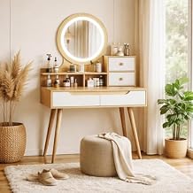 Makeup Vanity Desk with 3 Adjustable Lighted Mirror with Solid Wood Table feet, Dressing Table Set with 4 Drawers and 3 Open Shelves for Small Space Bedroom