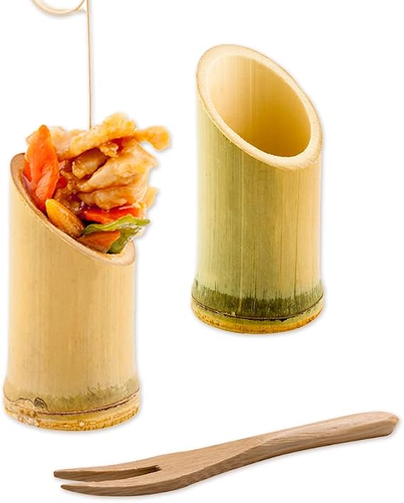 Restaurantware Bundle: 2 x 2 x 3.5 Inch Round Cups And 3.5 Inch Tasting Forks, 100 Disposable Bamboo Tubes And 100 Mini Forks - Cylinder Shape, Sustainable, Bamboo Cups And Forks, For Catering