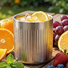 AOKZOE Vintage Coffee Cup, 304 Stainless Steel (18-10) Double-Wall Insulated Tumbler, Silver, 360ml Capacity, Handleless Design with Vertical Ribbed Pattern, for Hot and Cold Beverages