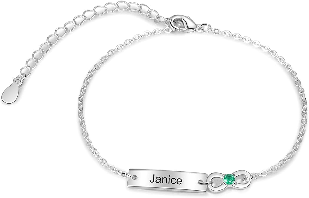 JewelOra Personalized Infinity Link Bracelet for Women Custom Family Series Bracelet with 1-6 Simulated Birthstones Engraved Names Bar Bracelet for Mother's Day Birthday Gift for Mom Grandma