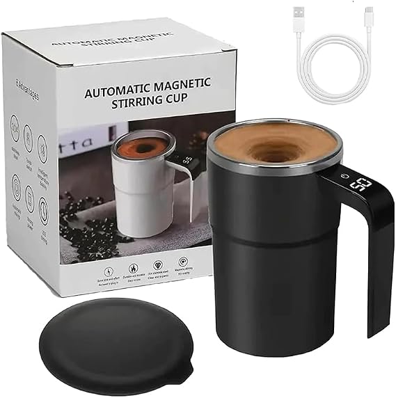 Magnetic Automatic Stirring Coffee Mug, Temperature Display Electric Self Stirring Home Office Travel Mixing Cups, Stainless Steel Automatic Stirring Mug for Coffee, Milk, Tea & Hot Chocolate (Black)