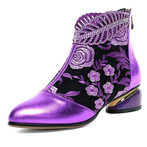 NUHEEL Ankle Booties for Women with Chunky Heel Embroidered Flowers Rhinestone Leather Boots Comfy Winter Shoes Outdoor Anti-Slip Side Zipper Walking Boots Laidies Round Toe Wedding Party Dress Shoes