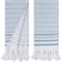 Tabea Turkish Cotton Hand Towels Set of 2 Decorative Kitchen & Bathroom Towels with Woven Front and Terry Backing (Elegant Lines Navy)