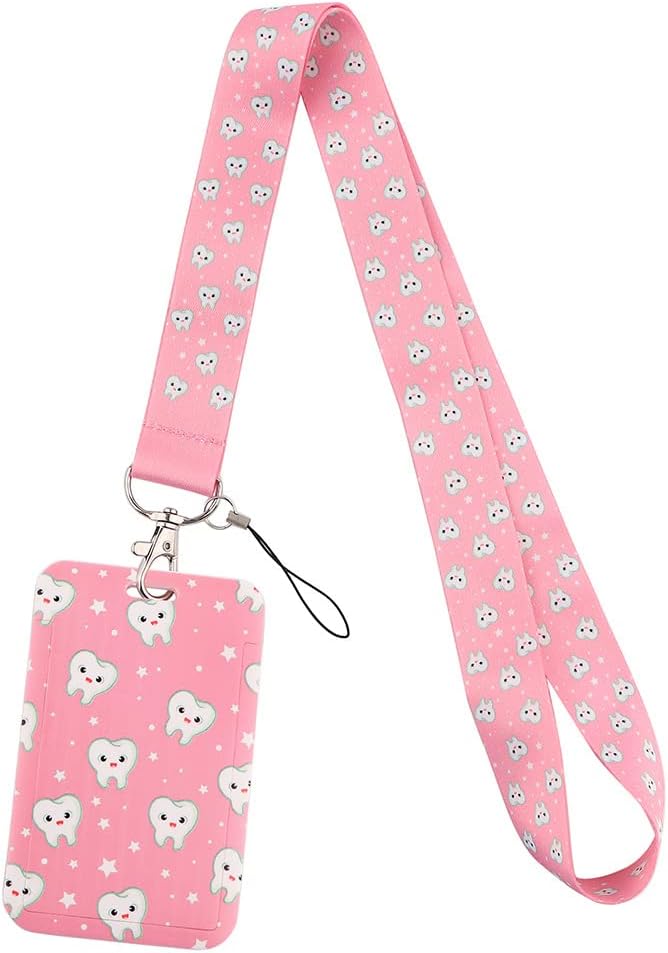 Cartoon Lanyard ID Holder Kawaii Key Card Cute Badge Holder with Lanyards for Girls Women Gift Pink