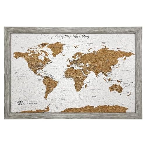 World Map Pin Board Travel Map Gray Frame | Framed Pinboard | Cork Wooden Design | 70 Push Pins Included | 14.2 x 21.2 Personalised Home Wanderlust Decor for Travelers