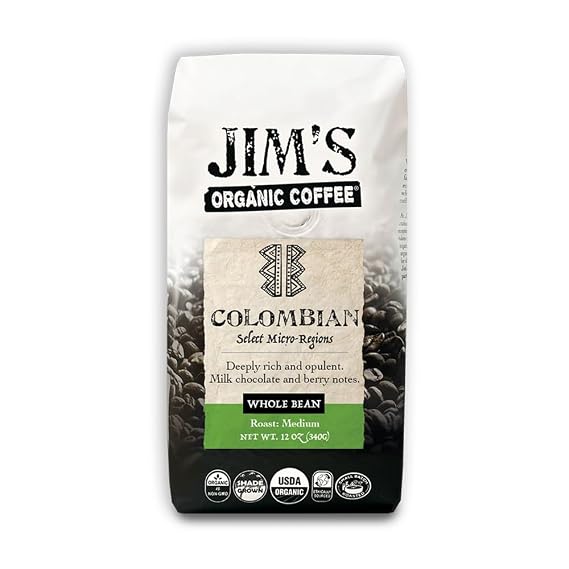 Jims Organic Coffee Colombian Single Origin, Medium Roast - Whole Bean 12 oz Bag